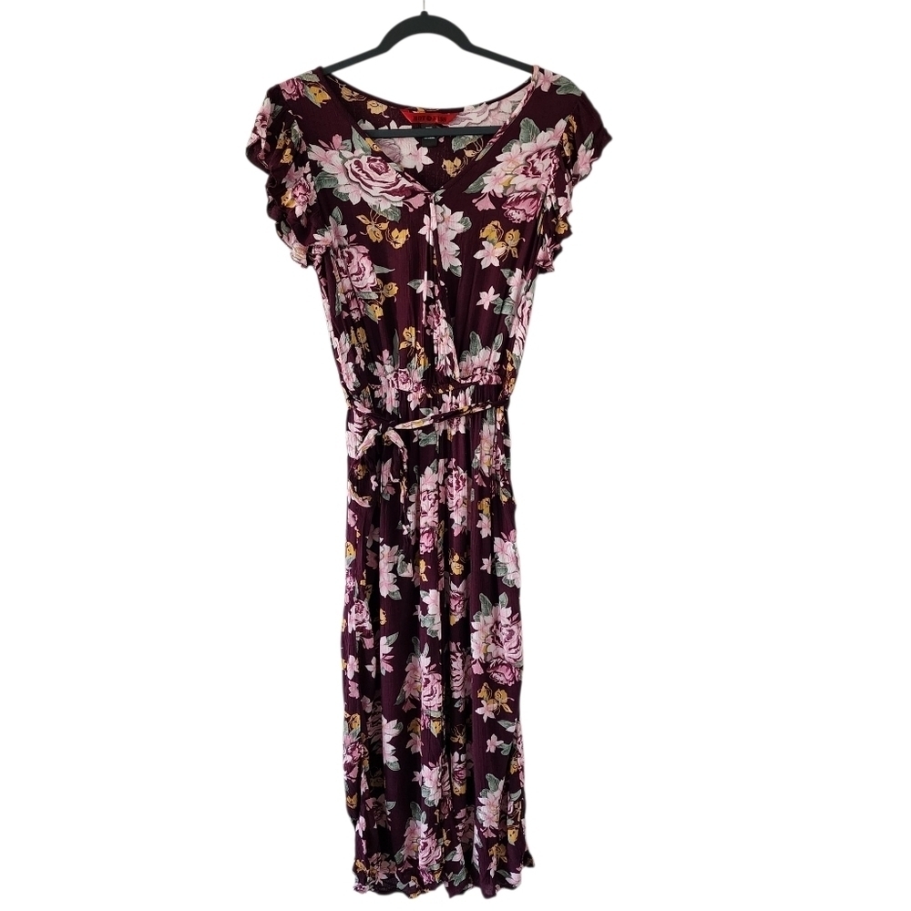 Hot Kiss Jumpsuit Junior Womens Medium Burgundy Pink Floral Cropped Belted Flowy